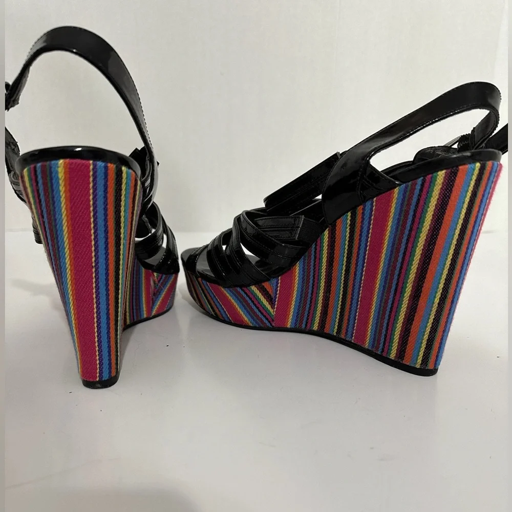Westies Black with Multicolored Stripe Platform Wedge Sandals Size 9